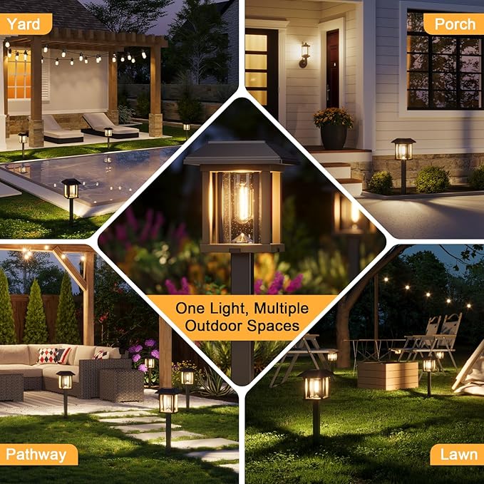 XMCOSY+ 4-Pack Solar Pathway Lights Outdoor, 25 Lumens Vintage Edison LED Landscape Lighting, IP65 Waterproof Seeded Glass & Metal Stakes Solar Powered Garden Lights for Yard Patio Walkway Driveway