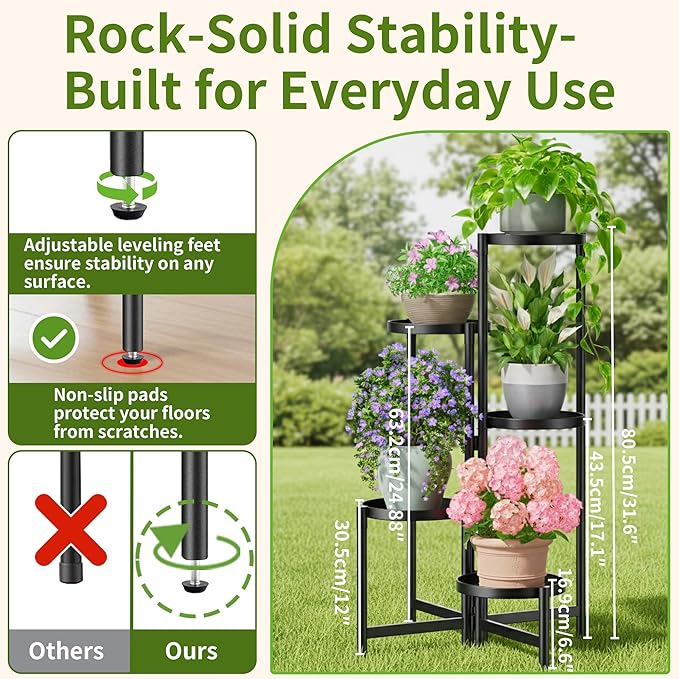 NQW Tall Plant Stand Indoor Outdoor, Corner Metal Flower Pot Stands for Multiple Plants, 5 Tier Heavy Duty Plant Shelf for Patio Garden Balcony Living Room Bedroom - BlackDisk