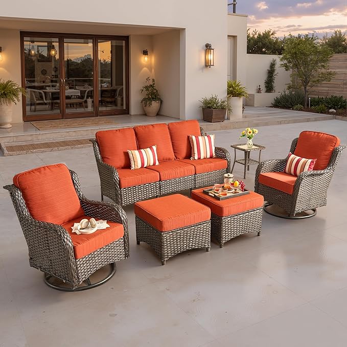 ovios 6 Pieces Patio Furniture Set, Outdoor Wicker Sofa Couch with Swivel Chairs Ottomans Comfy Cushions, High Back Modern All Weather Conversation Sets, Brown Rattan, Orange Red