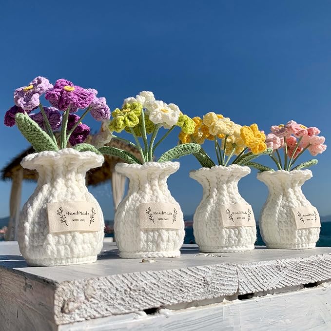 YOOJEE Forget-Me-Not Crochet Flower Potted Plant – Handmade Desk Decor, 7 Bloom Crochet Flowers in Soft Yellow Tones