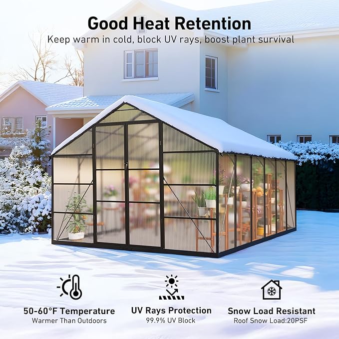 10x12FT Greenhouses for Outdoors, Polycarbonate Green House with UV Protection, Heavy Duty Greenhouse with Windproof Aluminum Frame, Roof Vent & Hygrometer for Backyard or Garden Use