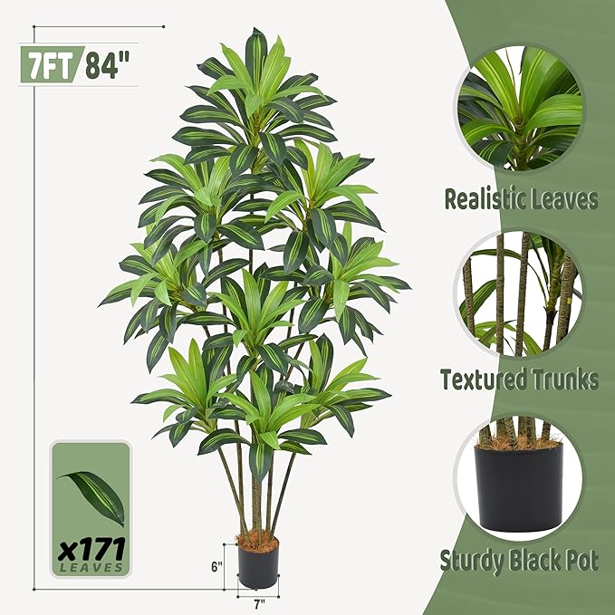 Roselywed Artificial Dracaena Tree 7FT with 171 Leaves & 9 Heads Tall Large Fake Faux Tropical Silk Yucca Plant 84 Inch Glossy Thick Leaves Black Pot for Indoor Home Office Porch Mall School Decor