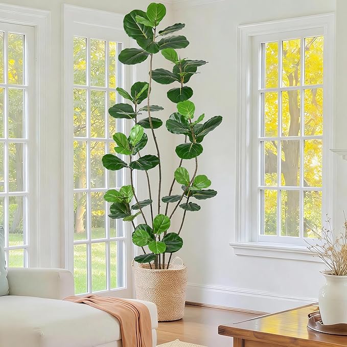 Artificial Fiddle Leaf Fig Tree 7FT- Tall Faux Tree with 54 Lifelike Leaves, 8 Heads, 84" Large Ficus Lyrata Fake Potted Plant for Home Office Living Room Corner Porch Indoor Decor