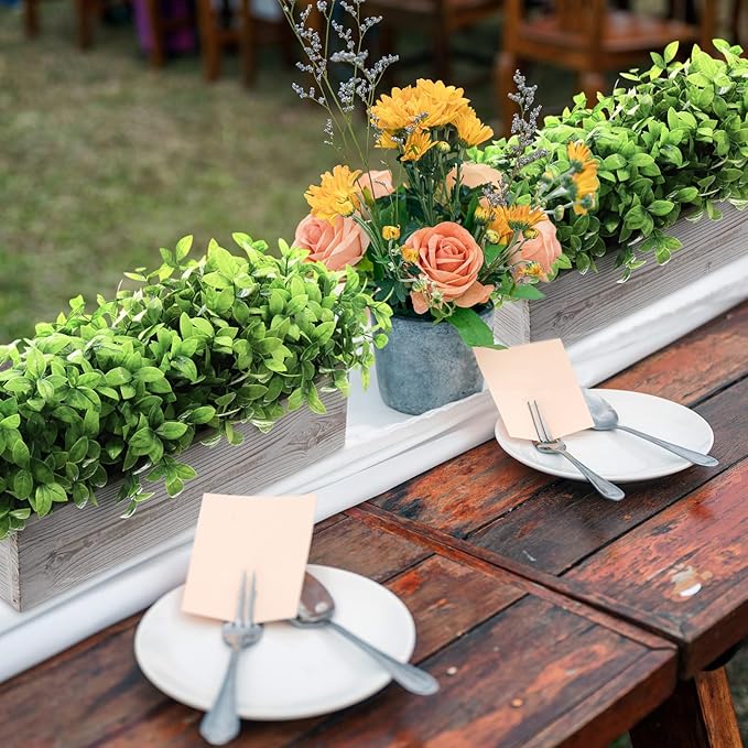 Lyrow 2 Pack Artificial Eucalyptus Plant in Rectangular Rustic Wooden Planter Box Faux Potted Herb Plant Table Centerpiece for Kitchen Windowsill Shelf Decor (White,16 '')