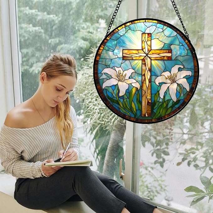 JOSUMALY Christian Gifts for Women - Cross Stained Glass Window Hanging Jesus Easter White Lily Flower Sun Catcher Garden Religion Decor Mother's Day Catholic Gift for Men Grandma Mom Her Nana 6.3"