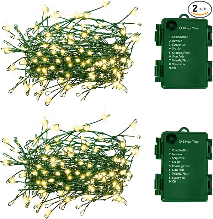 2Pack Outdoor Fairy Lights Battery Operated,10Feet 100LED Green Copper Wire Cluster Lights with 8 Modes and Timer,Twinkle String Lights, Mini Lights for Christmas Tree Wreath Wedding,Warm White