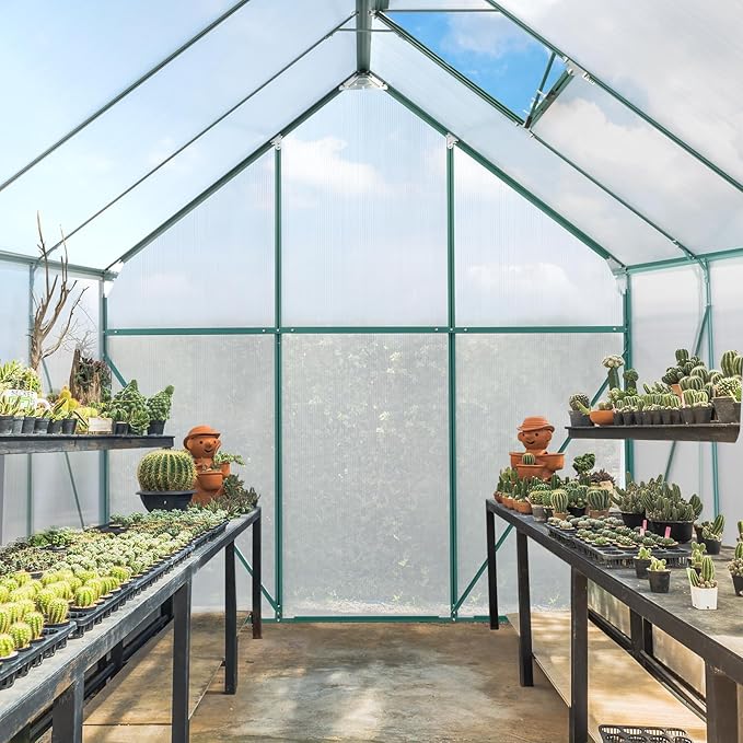 VINGLI Greenhouse, 6x8 FT Heavy Duty Polycarbonate Greenhouse with 5 Roof Vents, Aluminum Frame, Sliding Doors, Green