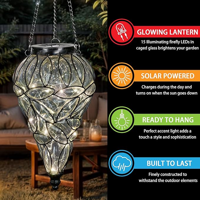 Naboher Solar Hanging Lantern Outdoor Garden Lights, Tear-Shaped Glass and Metal Hanging Lantern, 15 Firefly LED Lights, 7 x 24 Inch (Clear)