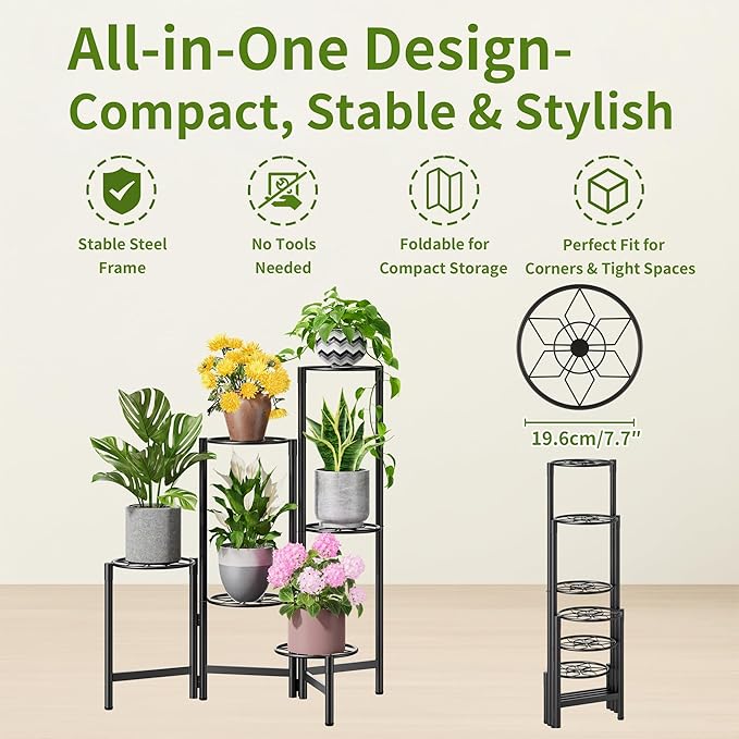NQW 6 Tier Metal Plant Stands Outdoor Indoor, Heavy Duty Flower Pot Holder Potted Display Rack Shelf, Tall Corner Plant Shelf for Patio Garden Balcony Living Room Bedroom -BlackDiamond