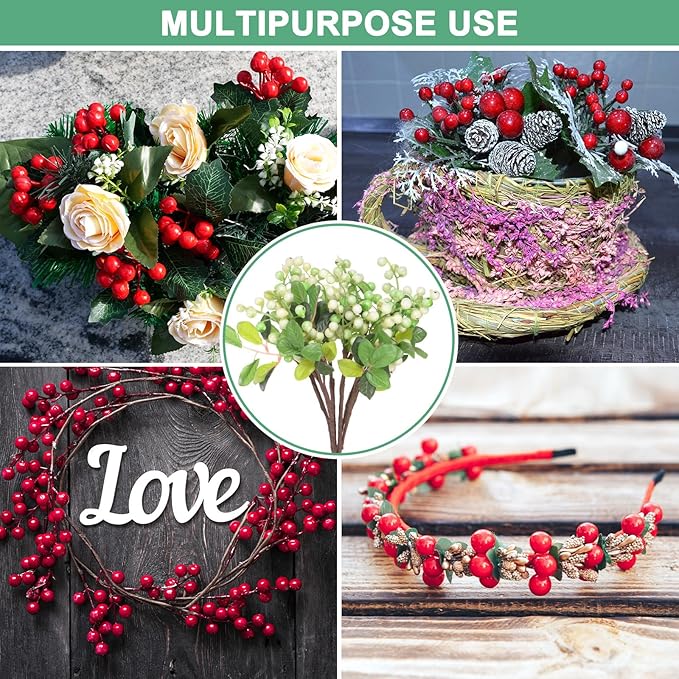 3-Pack Artificial Berry, 9.8 Inch Faux Holly Berry Foam Faux Frosted Berries with Stems for Home/Wedding/Christmas/DIY/Party/Garden/Office [White Green]