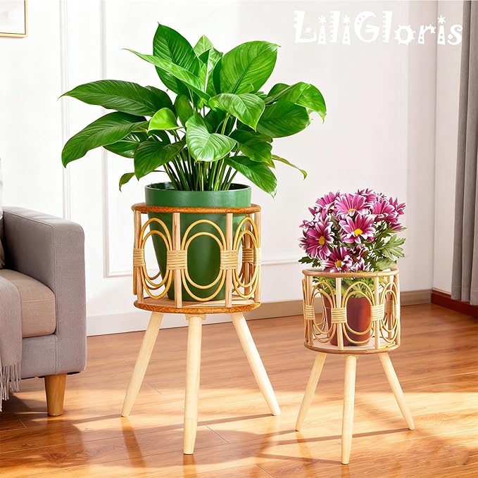 Boho Rattan Plant Stand Indoor Outdoor - 2 Rattan Wicker Planter Shelf for Multiple Plants, Mid Century Modern Wooden Flower Pot Holder with Stand, Farmhouse Home Decor for Living Room