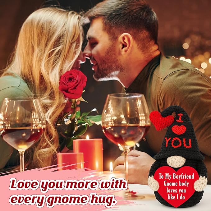 Valentines Gifts for Boyfriend from Girlfriend - Handmade Crochet Gnome, Romantic Valentine‘s Day Birthday Xmas Presents for Him, I Love You Sentimental Gift for Lover