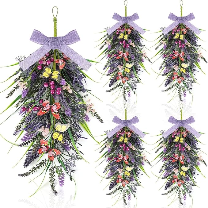4 Pcs 22" Artificial Lavender Teardrop Swag Wreaths for Front Door Spring Summer Butterfly Berries Wreath Purple Floral Hanging Wreath for Farmhouse Home Porch Wall Window Festival Wedding Decor