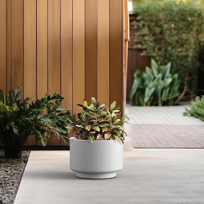Kante 12.6 Inch Dia Concrete Planter, Round Pedestal Design Garden Pot for Indoor Outdoor Plants, Modern Flower Pot with Drainage Hole and Rubber Plug, White