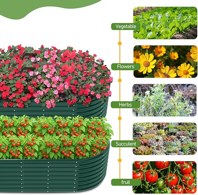 VINGLI 8x4x2ft Galvanized Raised Garden Beds, Oval Planter Boxes Outdoor, Raised Garden Bed for Gardening, Easy Assembly Planter Boxes for Vegetables (Green)