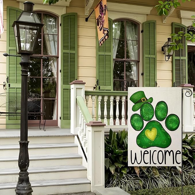 Welcome St Patricks Day Garden Flags for Outside, Irish Dog Paw with Green Hat Lucky Shamrocks Yard Decoration, Small Seasonal Outdoor Decor for Farmhouse Holiday,12x18 Inch Double Sided