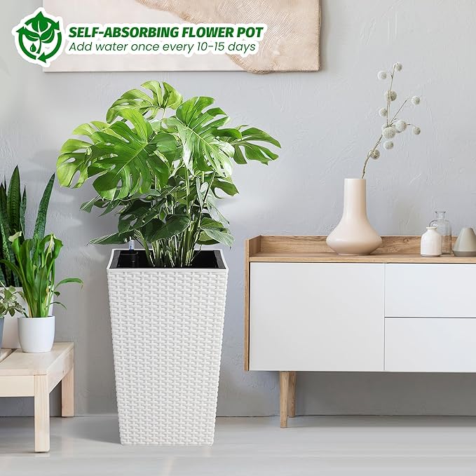 GarveeLife 16 in Tall Planter Set of 2 Large Rattan Flower Pot with 2 Trays & a Water Level Monitor Outdoor and Indoor for Patio, Porch, Living Room, or Home Office, White