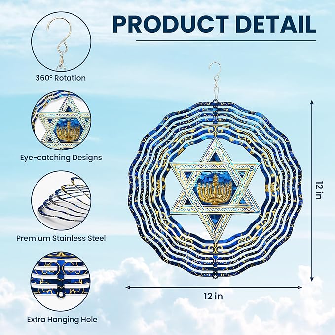 FLAGWIX Hanukkah Gifts for Women Men - Star of David 3D Stainless Steel Wind Spinners Outdoor 12in - Hanukkah Decorations, Chanukah Hanging Wind Spinners Garden Decor, Spiritual Religious Jewish Gifts