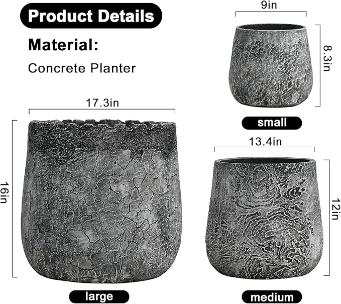 ShangDemonMaster Craft flowerpots 18"+13"+9" Dia Round Concrete Planter Set of 3 Large Outdoor/Indoor Planter Pots Containers with Drainage Holes and Rubber Plug for Home Garden (Dark Gray, Large)