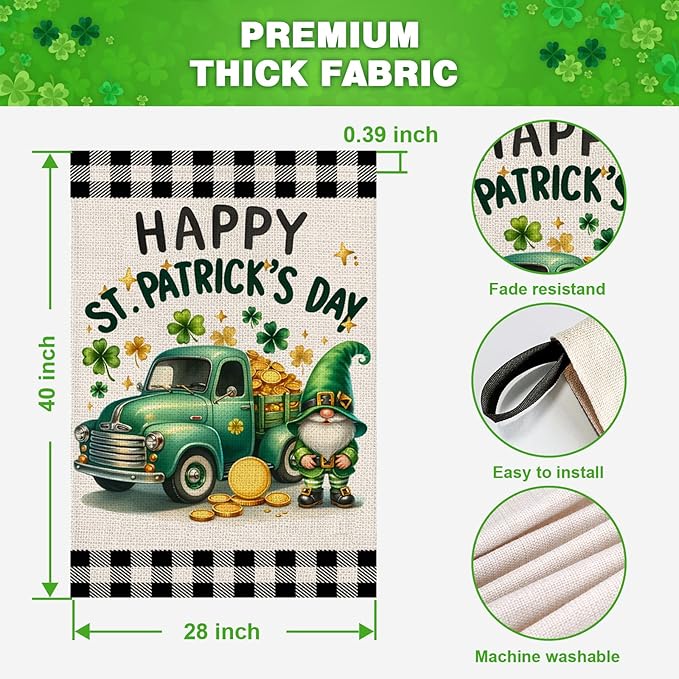 Happy St Patricks Day House Flag 28x40 Inch Double Sided Shamrocks Gnome Truck Buffalo Plaid Outside Large Holiday Flag for Yard Outdoor Decoration