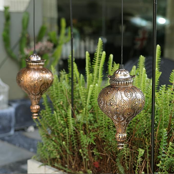 Moroccan Solar Lanterns Outdoor Waterproof Bronze Hanging Lanterns Outdoor Ramadan Garden Decor Gardening Gifts for Women Mom Grandma Solar Lights for Patio, Pathway, Yard, Porch, Backyard.