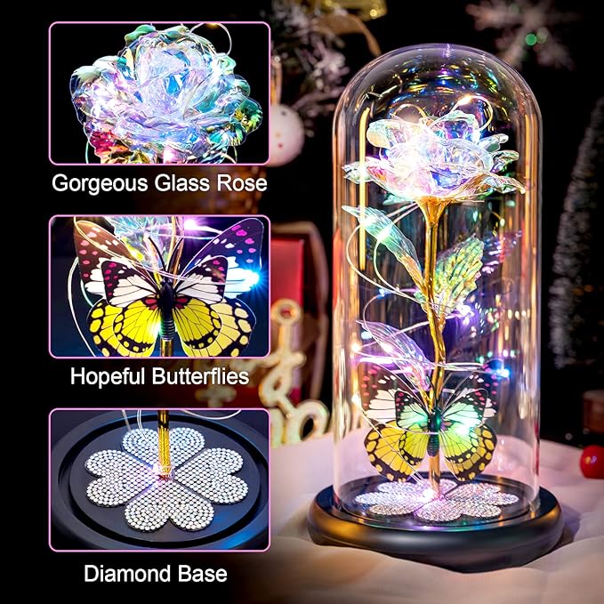 Valentines Day Rose Gifts for Her Birthday Gift for Women Galaxy Glass Rose in Glass Dome Forever Eternal Crystal Roses with Butterfly Valentines Day Gifts for Daughter Mom Wife Girlfriend Colorful
