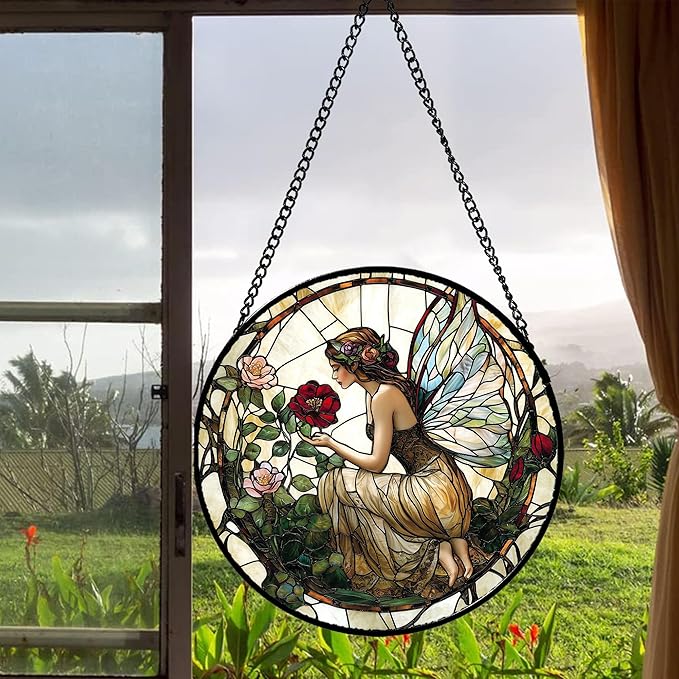 JOSUMALY Stained Glass Window Hanging - Butterfly Flower Fairy Suncatcher for Door Terrace Garden Home Decor Yellow Green Plants Sun Catcher Birthday Gifts for Lovers Women Men Dad Mom Nana 15 in