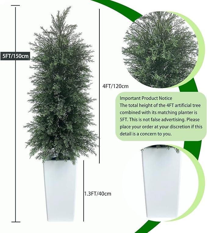 5FT Artificial Topiary Tree with Tall White Planter Beautiful Realistic Faux Cedar Pines Christmas Trees UV Rated Fake Shrubs for Front Porch Faux Plants Indoor and Outdoor Decor (1 Pack)