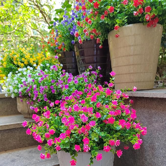 Grunyia 12 Bundles Artificial Flowers for Outdoors, UV Resistant Fake Flowers with Plastic Plants, Faux Flowers for Outside Window Box Front Porch Hanging Planter Decor (Pink)