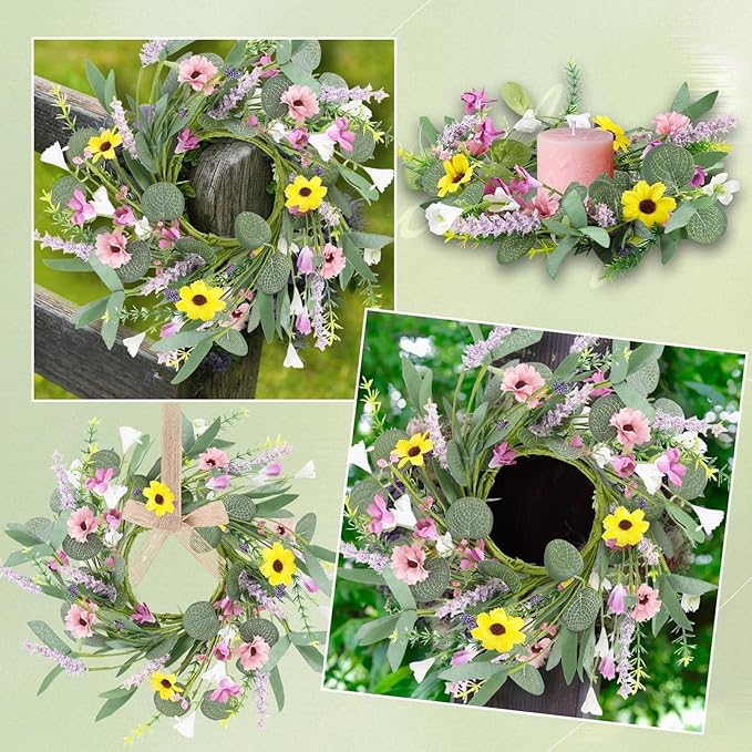12 Pcs 3inch Spring Summer Artificial Flowered Wreath Mini Floral Wedding Candle Rings Wreaths Kitchen Cabinet Swags Wreath Pillar Candle Holder for Wedding Spring Summer Home Door Tabletop Decoration