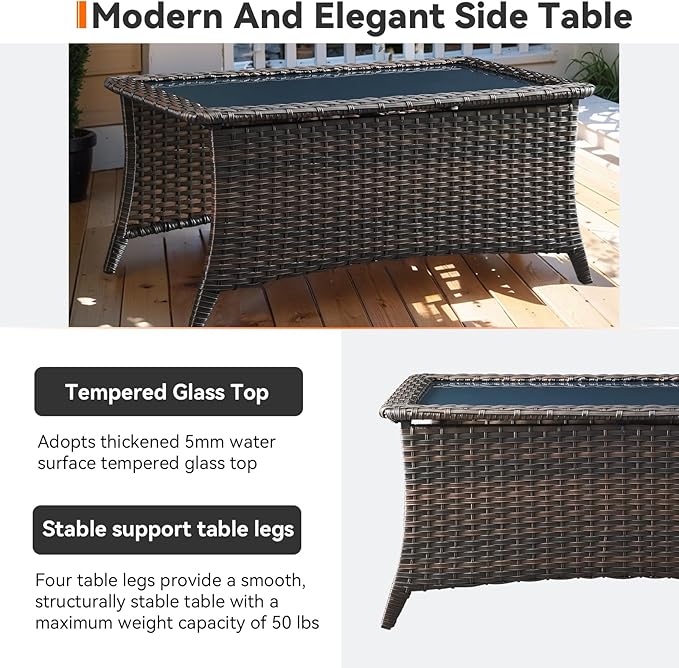 Outdoor Coffee Table - Patio Rattan Wicker Coffee Table with Tempered Glass Top Outdoor Table for Deck Porch Balcony Garden - Brown