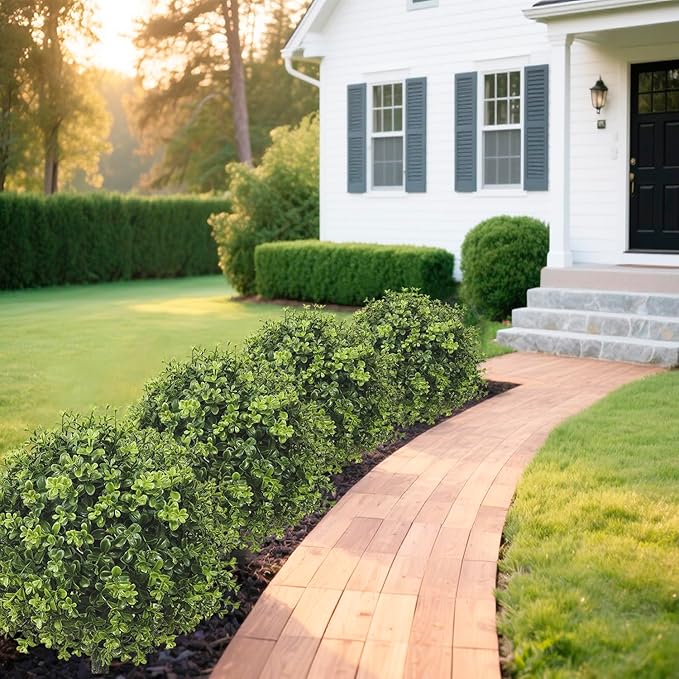 R’s Ceder Artificial Boxwood Topiary Ball Trees, 2 Set of 19'' UV Resistant Fake Evergreen Shrubs Bushes Plants with Ground Spike Fake Plants for Outdoor Indoor Front Porch Garden