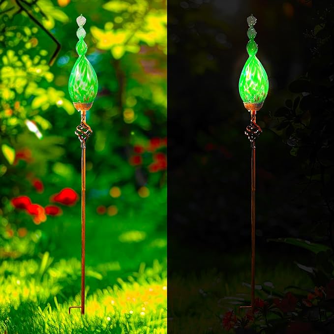 Naboher Solar Garden Lights Outdoor, Decorative LED Flame Garden Stakes, Hand Blown Glass and Outdoor Waterproof Glass Stakes (Green)