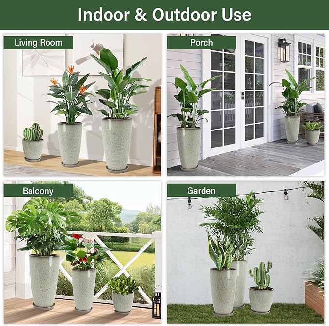 Neoaider 24/21/12 Inch Large Plastic Planter, Lightweight Ceramic-Look Tall Planters with Drain Hole & Saucers, Tall Plastic Planters for Porch, Garden, Patio, Balcony(Glaze Beige)