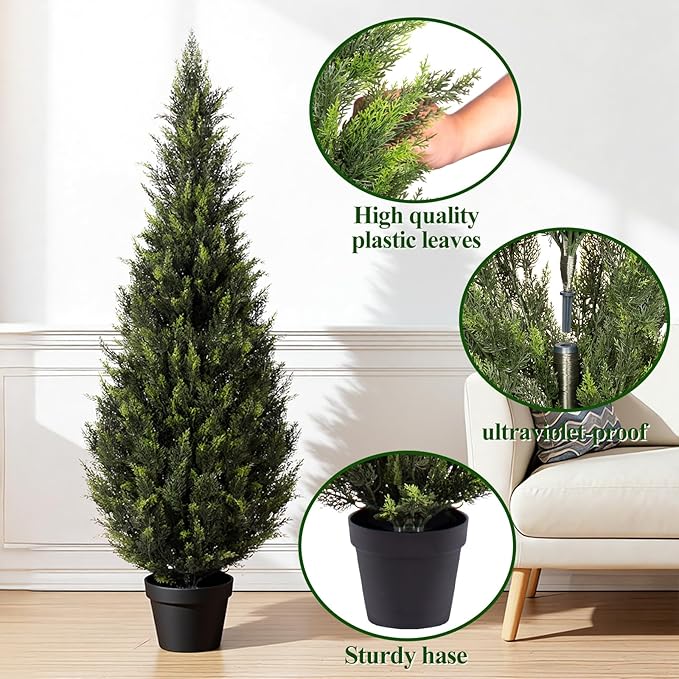 ZEEOZE 5FT Artificial Cedar Topiary Trees (2 Pack) - UV Resistant Faux Evergreen Shrubs Extra Dense Foliage Realistic Fake Pine Cypress Plants Easy Assembly for Front Porch Garden Indoor Office Decor