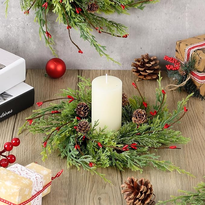8 Pcs Artificial Christmas Candle Rings 9 Inch Cedar Pine Garland Wreaths with Red Berries Pinecones Wreaths Pine Needles Candle Ring Holder for Christmas Winter Decorations Table Centerpiece