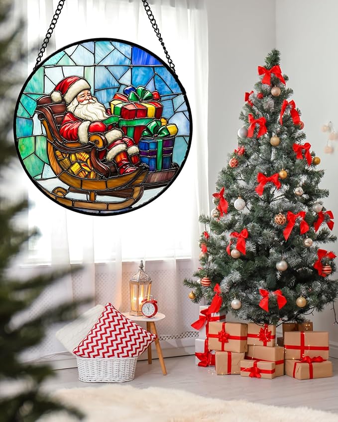 Stained Glass Window Hanging - Santa Claus Gift BoxSuncatcher for Doors Home Christmas Decoration Winter Sun Catcher Thanksgiving New Year Birthday Gift for Women Men Mom Nana 7.8 in