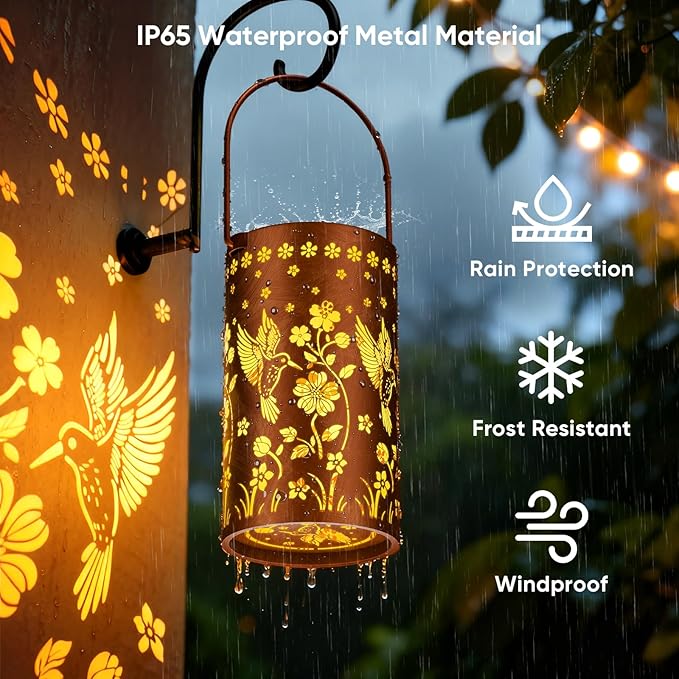 NFEVER Solar Lanterns Outdoor Waterproof: 2 Pack Hummingbird Decor Valentines Day Gifts for Her - 2 Modes Vintage Metal Hanging Solar Lights for Outside Patio Porch - Gardening Gifts for Women Mom