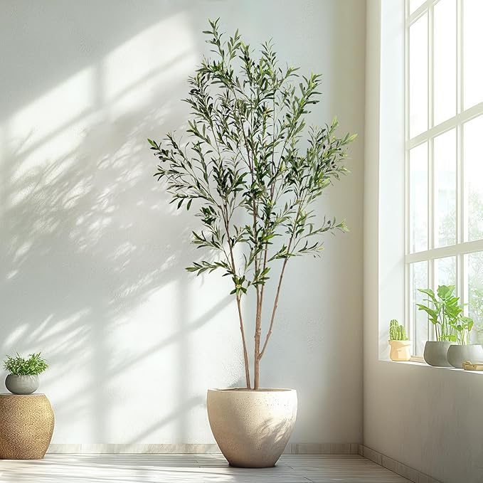 Erimda 8FT Artificial Olive Tree Tall Faux Silk Plant Tall Faux Olive Tree with Natural Wood Trunk & Lifelike Fruits Fake Potted Tree or Home Office Decor