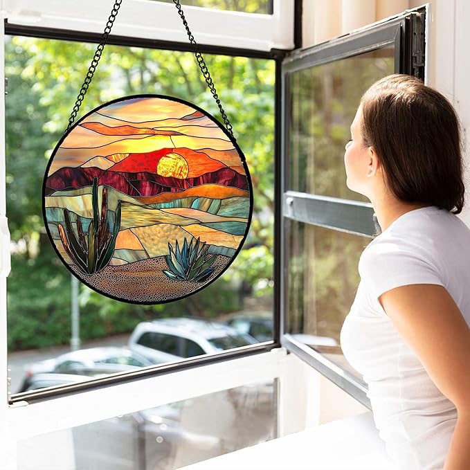 Stained Glass Window Hanging, Desert Scenery Lake Suncatcher for Doors Window Home Tan Tree Sun Catchers Decoration Mother's Day Birthday Gifts for Women, Men, and Mom 6.3 in