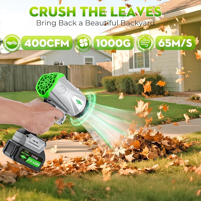Leaf Blower Cordless with Battery and Charger,1000,000 RPM, 395CFM 1000G Power, Lightweight Handheld Design, Extended Nozzle,Blower for Patio Cleaning,Car Blowing Water, Blowing Leaves and Dust