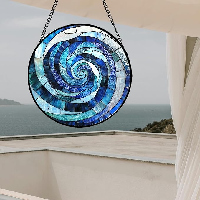 Stained Glass Window Hanging - Blue Abstract Swirl Suncatcher for Doors Garden Patio Unique Sun Catchers Decor Christmas Mother's Day Birthday Gifts for Women Men Mom Nana Friend 7.8 in
