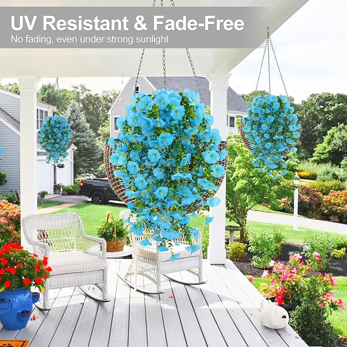 Artificial Flowers for Outdoors Decoration, 4Pcs Fake Hanging Flowers Morning Glory UV & Fading Resistant, Artificial Faux Plants Deocr for Home Porch Patio Balcony Planter Yard Garden Farmhouse