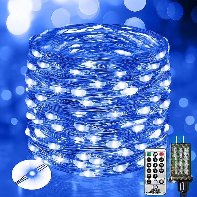 btfarm Fairy Lights Plug in with Remote, 33FT 100 LED Outdoor Twinkle Lights Waterproof with Timer, 8 Modes Indoor String Lights for Bedroom Patio Garden Wedding Christmas Decoration, Blue