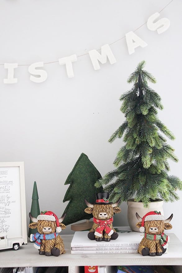 Scottish Highland Cows with Christmas Holiday Accents - Set of 3 | Resin Home Decor with Santa Hats | Seasonal Xmas Decor for Centerpiece, Mantel, Kitchen, Dining Room, and More | 4 inches tall
