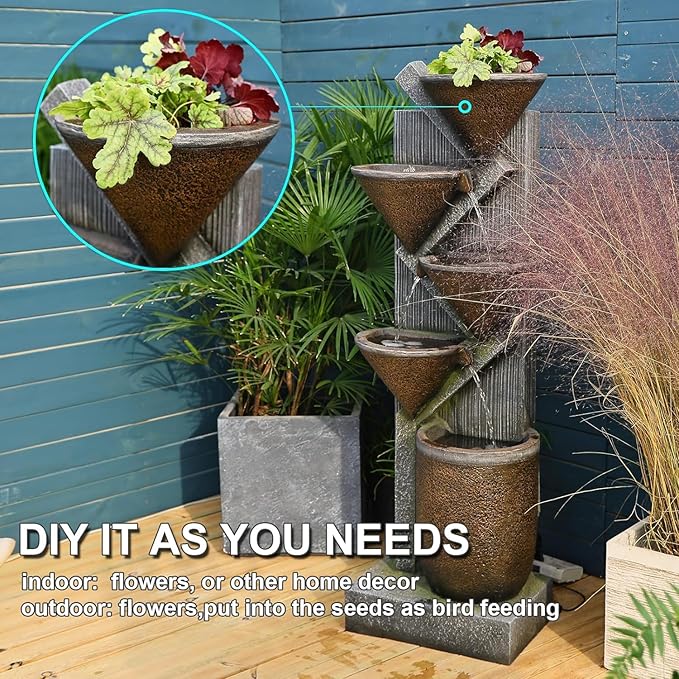 49.6" Tall Outdoor Water Fountain 5-Tier Garden Watefall Fountains Floor Standing Water Fountains with LED Lights&Pump for Garden, Living Room, Patio with Natural Stone