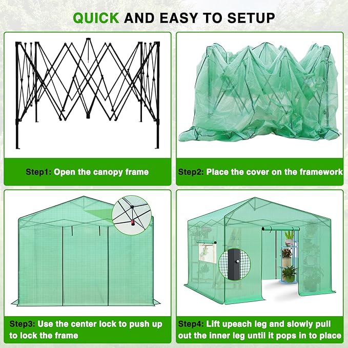 Yesker Greenhouse 10X10 FT Pop Up Greenhouses Tent Walk in Green House with Screen Windows Waterproof PE Cover Portable Large Greenhouse Kit for Outdoor Winter Gardening Backyard Patio Plant Outside