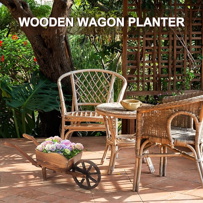 Wooden Wagon Flower Planter Cart Garden Planter Box with Wagon Wheels Cart for Home Garden Outdoor Balcony Decorative, Patio Flowers Herbs Vegetables, Brown(Rustic)