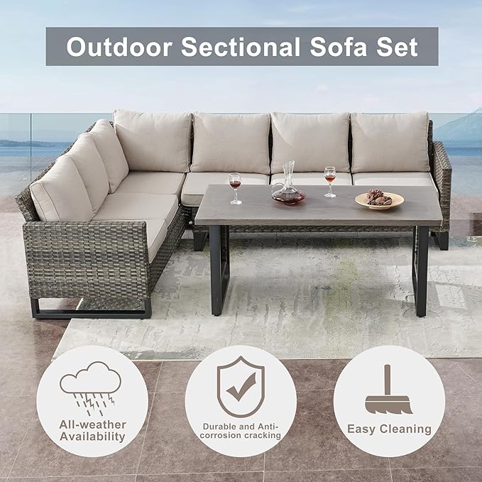 Belord Outdoor Sectional Sofa 6 Seater L Shaped Couch Wicker Patio Conversation Furniture Set with Tree-Grain Finish Metal Dining Table, Rattan Outdoor Furniture with Removable Washable Cushion Beige