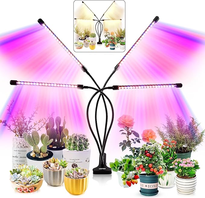 LEOTER Grow Light for Indoor Plants - Upgraded Version 80 LED Lamps with Full Spectrum & Red Blue Spectrum, 3/9/12H Timer, 10 Dimmable Level, Adjustable Gooseneck,3 Switch Modes